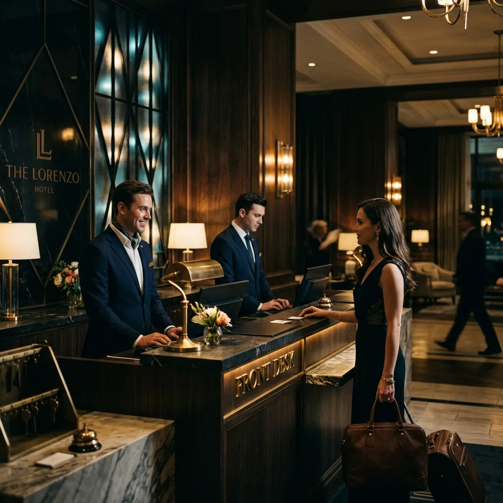 High-end luxury hotel front desk with professional staff