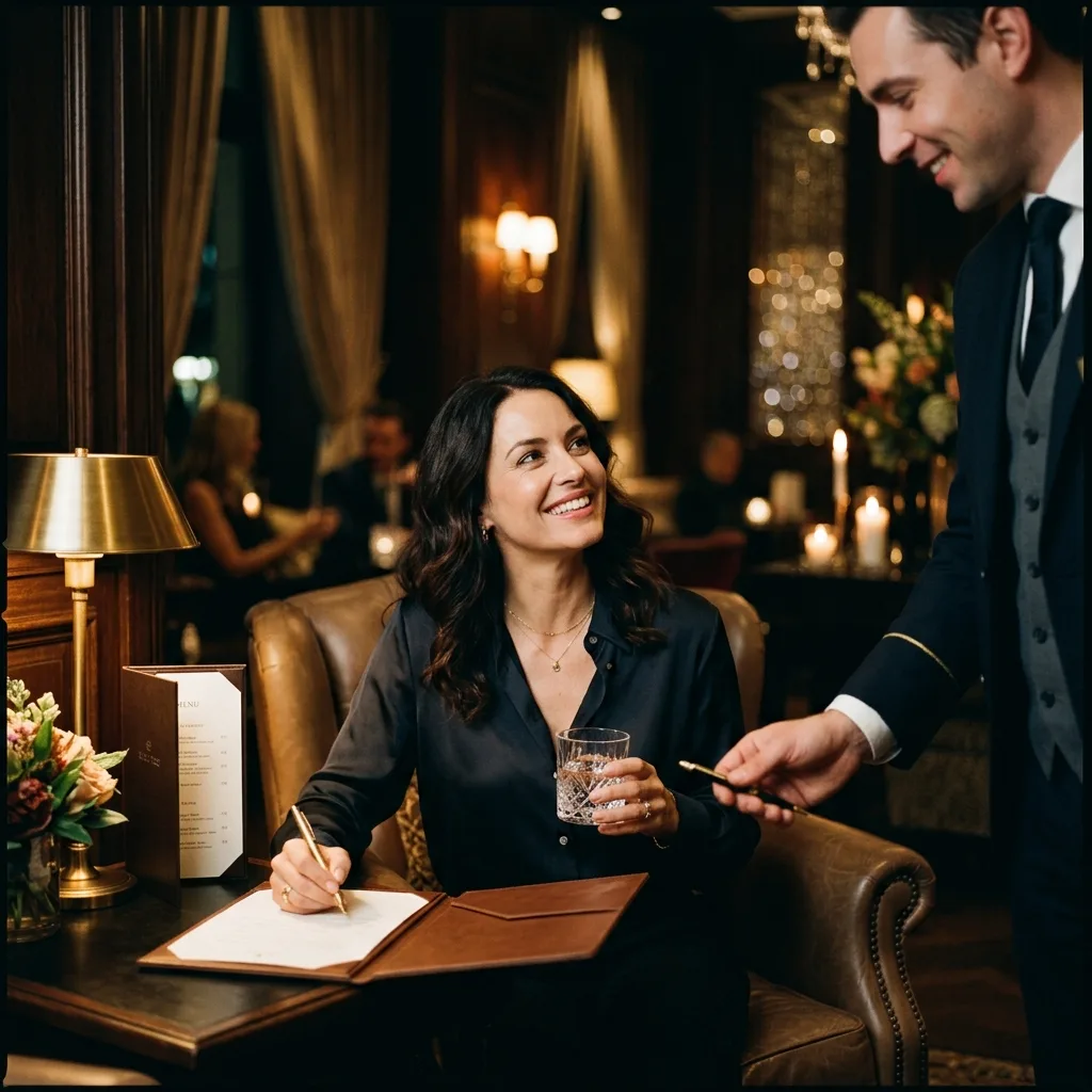 Luxury hotel guest smiling warmly